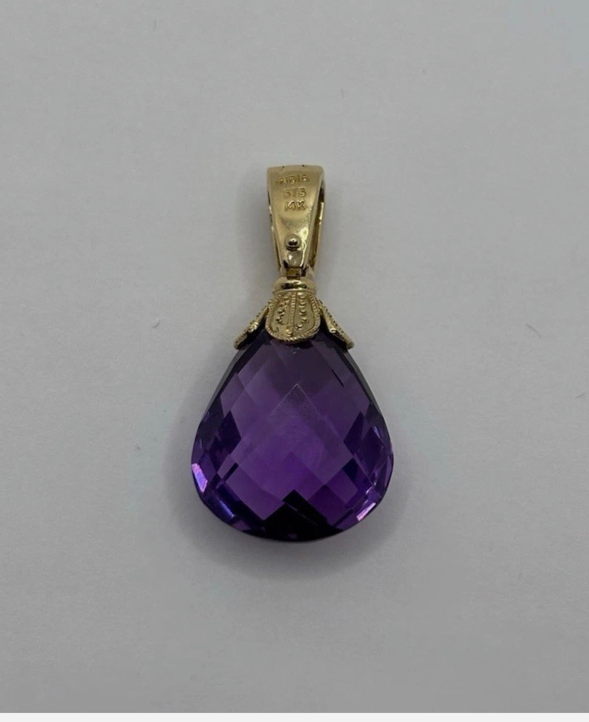 14K Yellow Gold Faceted Amethyst Teardrop Pendant 5.05g Purple India