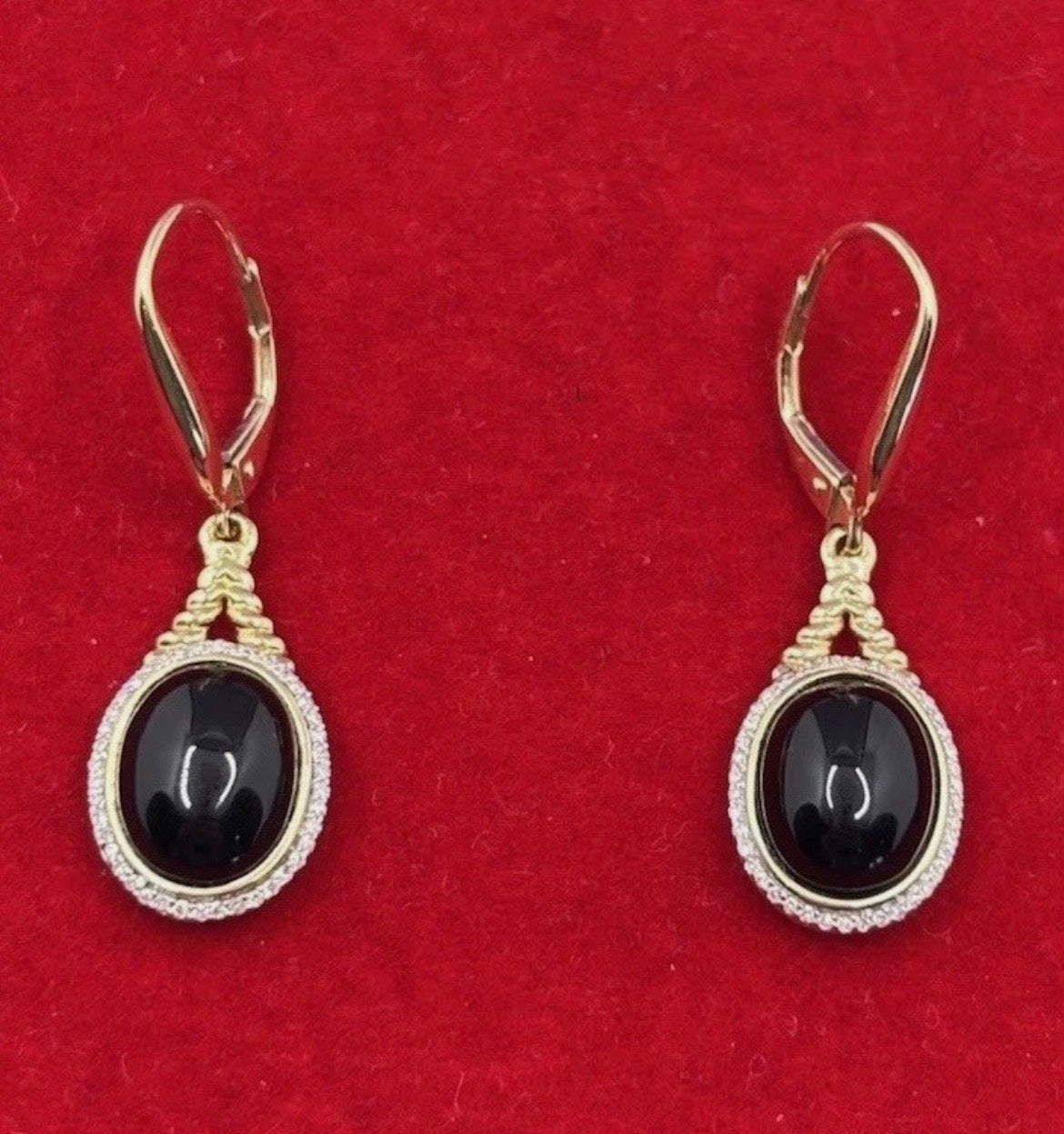 14K Yellow Gold Black Onyx & Natural Diamond Halo Drop Earrings