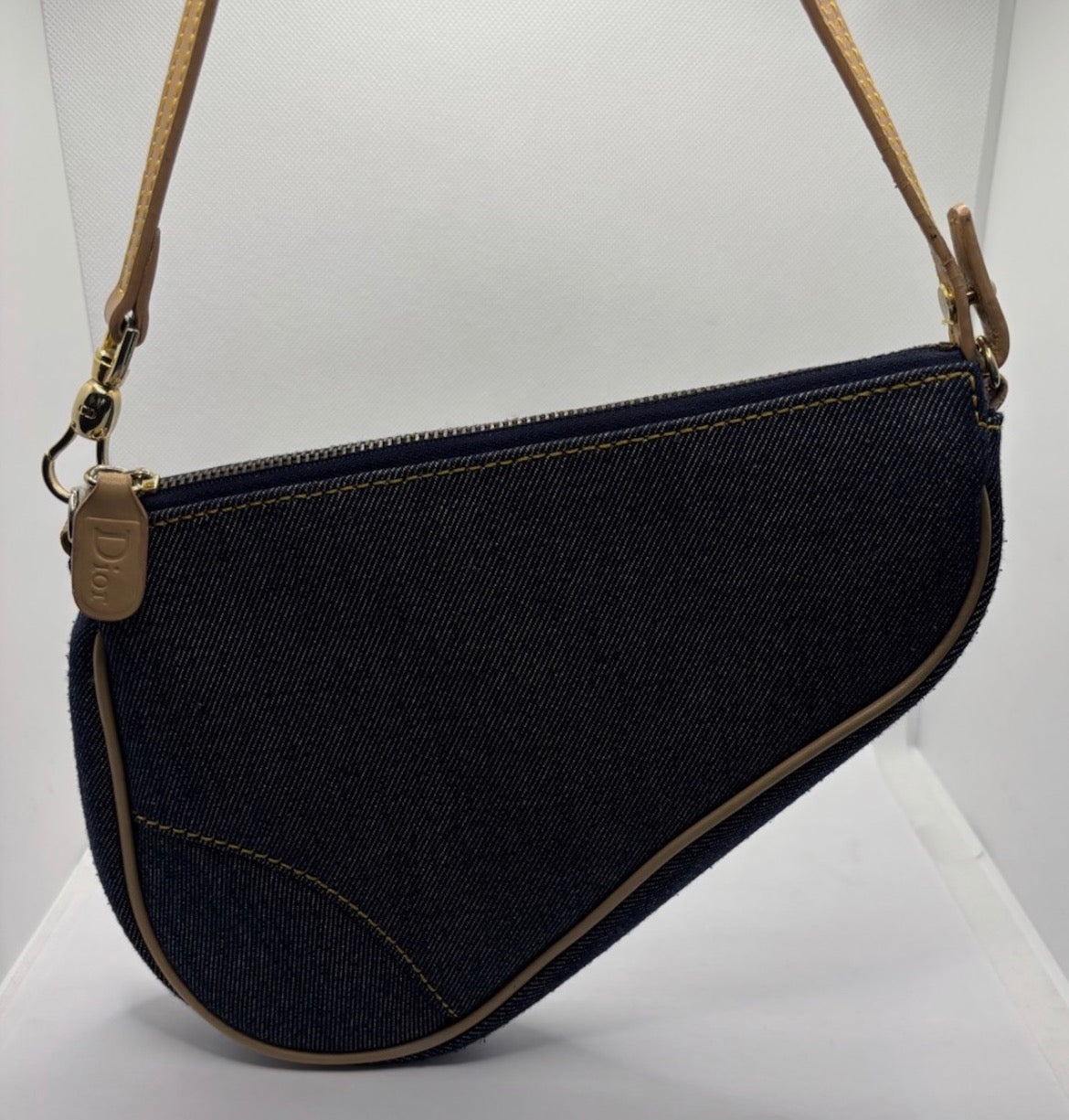 Christian Dior Denim Saddle Pochette Blue Jean Y2K Shoulder Bag Gold Hardware