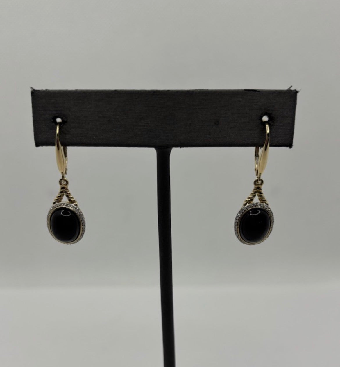 14K Yellow Gold Black Onyx & Natural Diamond Halo Drop Earrings