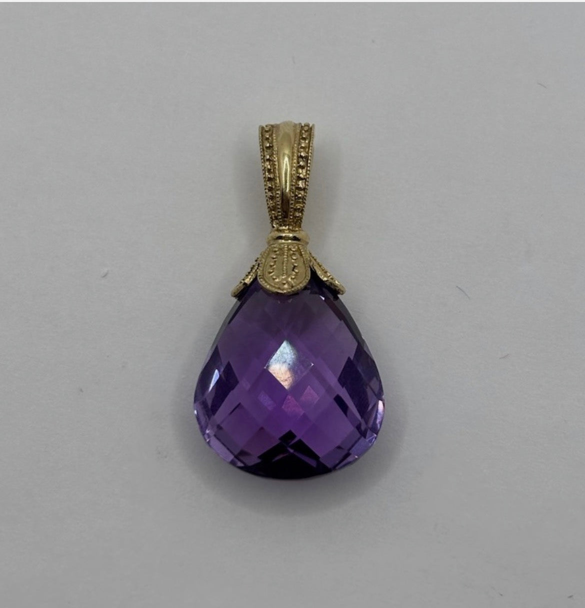 14K Yellow Gold Faceted Amethyst Teardrop Pendant 5.05g Purple India