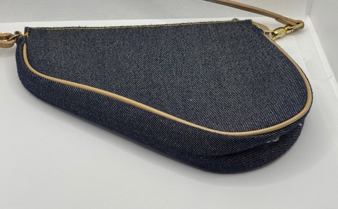 Christian Dior Denim Saddle Pochette Blue Jean Y2K Shoulder Bag Gold Hardware