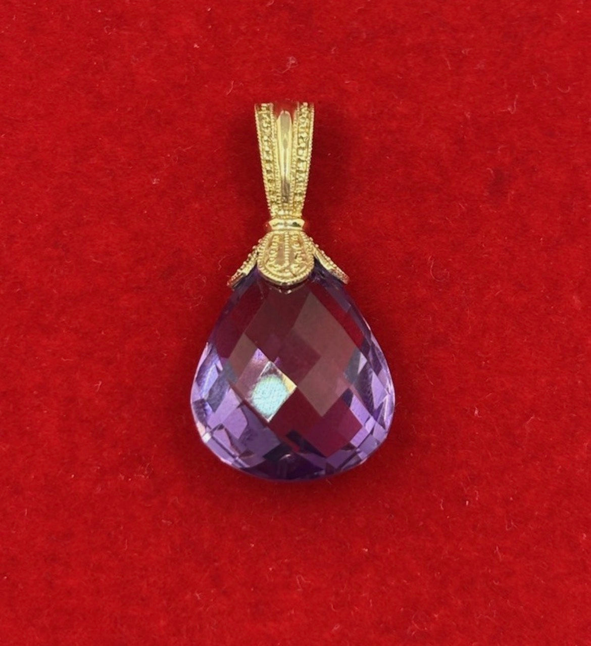 14K Yellow Gold Faceted Amethyst Teardrop Pendant 5.05g Purple India