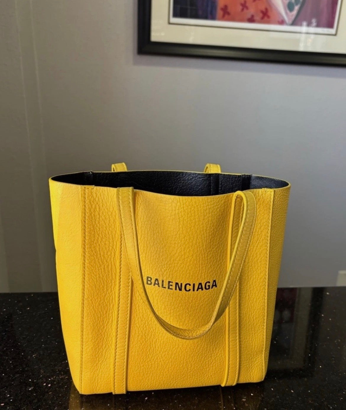 Balenciaga Everyday Tote XXS Yellow Leather Logo Bag Black Interior Entrupy