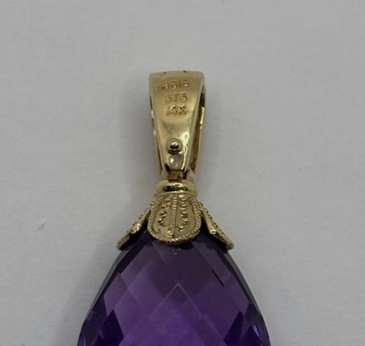 14K Yellow Gold Faceted Amethyst Teardrop Pendant 5.05g Purple India