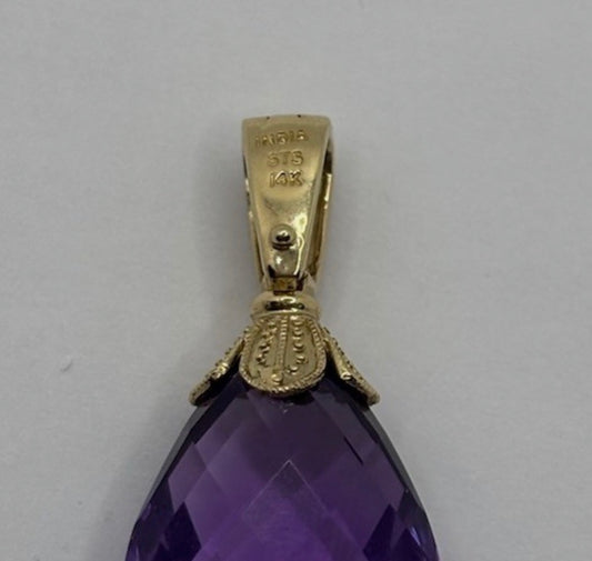 14K Yellow Gold Faceted Amethyst Teardrop Pendant 5.05g Purple India