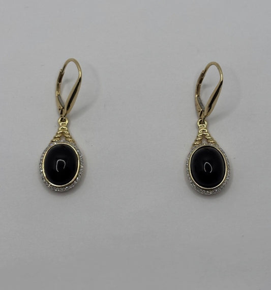 14K Yellow Gold Black Onyx & Natural Diamond Halo Drop Earrings